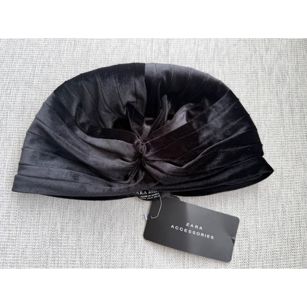 Zara Black Velvet Pleated Turban Hat Size Medium NWT 6859/204/800